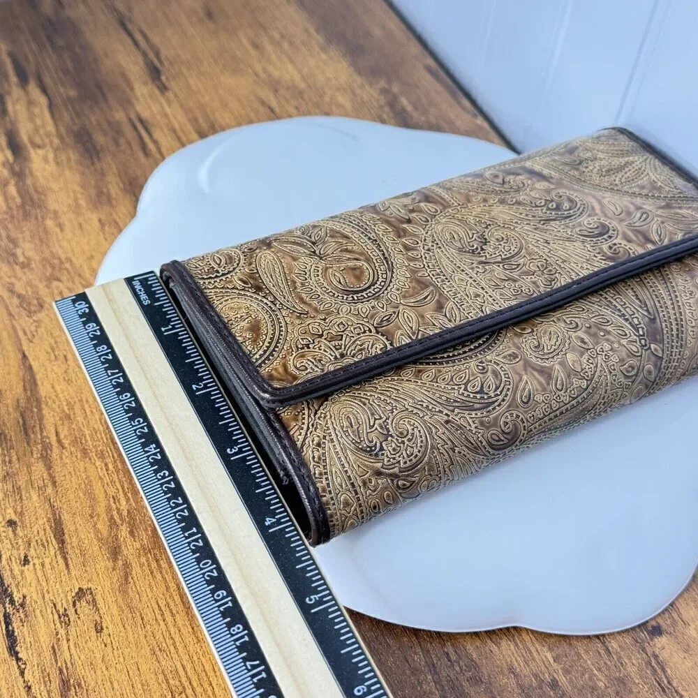 Relic TriFold Wallet Checkbook Insert Brown Paisley Saddle Tooled Leather Boho